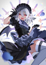  alternate_color bat_wings black_eyes black_gloves black_skirt blue_bow blue_bowtie blurry blurry_foreground bow bowtie commentary_request cosplay falken_(yutozin) female fingernails fusion gloves grey_hair hair_between_eyes highres izayoi_sakuya izayoi_sakuya_(cosplay) long_fingernails looking_at_viewer maid maid_headdress mini_wings oerba_yun_fang open_mouth petals pointy_ears red_eyes remilia_scarlet revision short_hair skin_fang skirt smile solo thighhighs touhou very_long_fingernails white_thighhighs wings zettai_ryouiki 