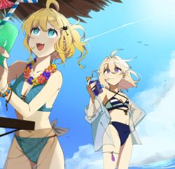  2girls :3 ahoge aqua_eyes artist_name bikini blonde_hair blue_sky blush bracelet braid breasts cleavage cloud cocktail_umbrella contrail dot_nose drink drinking_straw english_commentary enna_alouette floating_hair flower flower_necklace hair_intakes highres holding holding_drink jewelry kyuubsbutart lei millie_parfait multiple_girls navel nijisanji nijisanji_en purple_eyes sarong see-through see-through_sarong see-through_shirt shirt simple_bird sky small_breasts smile swimsuit thigh_strap virtual_youtuber water 