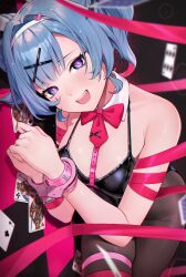  black_leotard black_pantyhose blue_eyes blue_hair blush bound bound_wrists bow bowtie breasts card collar commentary cowboy_shot cuffed cuffs detached_collar female hair_ornament hairband handcuffs hatsune_miku highres king_(playing_card) king_of_clubs king_of_diamonds king_of_hearts_(playing_card) king_of_spades leotard looking_at_viewer lying multicolored_hair necktie on_side open_mouth pantyhose pink_hair pink_pupils playboy_bunny playing_card rabbit_hole_(vocaloid) red_bow red_bowtie red_necktie red_ribbon reiji-rj ribbon short_hair short_necktie smile solo teardrop_facial_mark teardrop_tattoo teeth two_of_clubs upper_teeth_only vocaloid white_collar white_hairband x_hair_ornament 