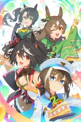  4girls :d ;d ahoge animal_ears ascot basket black_gloves black_hair blue_eyes brown_ascot brown_eyes brown_hair brown_skirt cake carrot cheval_grand_(umamusume) cleavage_cutout clothing_cutout commentary_request detached_sleeves dl_(dl_6ix) dress ear_ornament elbow_gloves food gloves green_dress green_eyes green_sweater hair_between_eyes half_updo hat hat_belt highres holding holding_basket holding_food holding_party_popper horse_ears horse_girl jacket kitasan_black_(umamusume) long_hair long_sleeves looking_at_viewer multicolored_hair multiple_girls necktie one_eye_closed party_popper peaked_cap pleated_skirt red_eyes ribbed_sweater rope satono_crown_(umamusume) satono_diamond_(umamusume) shimenawa short_hair side_ponytail skirt sleeveless sleeveless_sweater sleeves_past_fingers sleeves_past_wrists smile strawberry_cake streaked_hair sweater umamusume v white_hair white_hat white_jacket yellow_necktie 