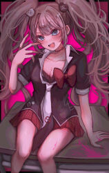  :d bear_hair_ornament black_necktie black_shirt blonde_hair bow bra breasts brown_bra cleavage danganronpa:_trigger_happy_havoc danganronpa_(series) desk enoshima_junko female hair_ornament highres large_breasts miniskirt nail_polish necktie red_bow red_nails red_skirt sasahara_kurage school_desk shirt shirt_bow short_sleeves sitting skirt smile solo teeth twintails underwear white_necktie 