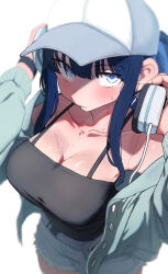  absurdres aqua_jacket baseball_cap black_camisole blue_archive blue_eyes blue_hair blush breasts camisole cleavage collarbone commentary_request dark_blue_hair denim denim_shorts female hat headphones highres jacket large_breasts looking_at_viewer no_halo official_alternate_costume open_clothes open_jacket saori_(blue_archive) saori_(swimsuit)_(blue_archive) shorts sidelocks simple_background solo sotatsudraw white_background white_hat 