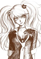  :p bear_hair_ornament bow choker danganronpa:_trigger_happy_havoc danganronpa_(series) enoshima_junko female hair_ornament highres long_sleeves monochrome necktie shirt shirt_bow sideways_glance sleeves_rolled_up solo tongue tongue_out twintails upper_body uranagi_(uranaginasi) 