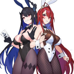  2girls ahoge alternate_costume animal_ears asymmetrical_horns black_gloves black_hair black_leotard blue_hair blush bow bowtie breasts bunny_day card colored_inner_hair cup dasdokter demon_horns detached_collar elizabeth_rose_bloodflame fake_animal_ears fishnet_pantyhose fishnets gloves highleg highleg_leotard highres holding holding_card holding_cup hololive hololive_english horns large_breasts leotard long_hair looking_at_viewer mole mole_on_breast multicolored_hair multiple_girls nerissa_ravencroft pantyhose pinky_out playboy_bunny rabbit_ears red_eyes red_hair simple_background smile strapless strapless_leotard traditional_bowtie very_long_hair virtual_youtuber white_background white_leotard wrist_cuffs 