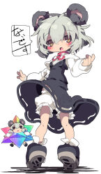  animal_ears black_footwear bloomers blush brown_eyes cookie_(touhou) dangomushi fate/grand_order fate_(series) female full_body grey_hair long_sleeves looking_at_viewer mouse_ears mouse_tail nazrin nyon_(cookie) open_mouth red_ribbon ribbon saint_quartz_(fate) shadow shirt simple_background solo speech_bubble stellated_octahedron tail touhou translation_request white_background white_bloomers white_shirt 