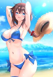  ahoge armpits arms_behind_head beach bikini blue_bikini blue_eyes braid breasts brown_hair cleavage commentary_request crossed_bangs female front-tie_bikini_top front-tie_top hair_between_eyes hair_flaps hair_ornament hairpin halterneck hat highres kantai_collection large_breasts long_hair looking_at_viewer navel nitamako_(sakamalh) ocean official_alternate_costume outdoors shigure_(kancolle) shigure_kai_san_(swimsuit)_(kancolle) side-tie_bikini_bottom single_braid solo straw_hat sun_hat sunlight swimsuit 