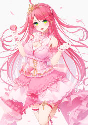  ahoge armband bare_shoulders bird blush bow breasts cherry_blossom_print cherry_blossoms cleavage commentary_request covered_collarbone crow dress earrings feet_up female floral_print flower_earrings frilled_armband frilled_gloves frills glint gloves gradient_background green_eyes hair_ornament hairclip highres holding holding_microphone hololive jewelry large_breasts long_hair looking_at_viewer microphone neck_ribbon nyan_(reinyan_007) open_mouth pink_armband pink_background pink_bow pink_corset pink_dress pink_hair pink_ribbon pink_straps pink_theme ribbon sakura_miko sakura_miko_(flower_fantasista!) sleeveless sleeveless_dress smile solo standing standing_on_one_leg swept_bangs thigh_strap thighs two_side_up virtual_youtuber white_background white_gloves yellow_crown yellow_ribbon 