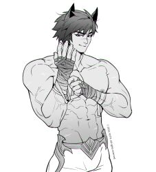  1boy abs animal_ears bandaged_hand bandages bara fingernails greyscale highres league_of_legends looking_at_viewer male_focus monochrome muscular muscular_male navel nipples pants pectorals scar scar_on_face scar_on_nose sett_(league_of_legends) short_hair simple_background solo topless_male veins veiny_arms yotti 