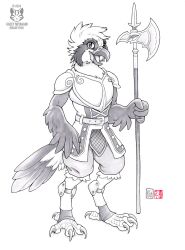  2024 anthro armor avian bird clothed clothing greyscale hi_res holding_object holding_weapon kacey looking_at_viewer male marker_(artwork) melee_weapon monochrome open_mouth open_smile polearm simple_background smile solo standing traditional_media_(artwork) weapon winged_arms wings 