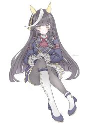  animal_ears bad_anatomy black_hair black_pantyhose blue_footwear blue_jacket blush calstone_light_o_(umamusume) closed_mouth commentary_request female full_body grey_hair grey_shirt grey_skirt high_heels highres horse_ears jacket kneehighs long_hair looking_at_viewer multicolored_hair o_(_oomua) pantyhose pleated_skirt shirt shoes simple_background single_kneehigh single_sock sitting skirt socks socks_over_pantyhose solo streaked_hair umamusume very_long_hair white_background white_socks yellow_eyes 