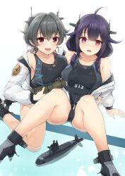  2girls ahoge black_hair blush boots breasts competition_swimsuit hair_flaps hair_ornament hairclip headgear highres jacket japan_maritime_self-defense_force japan_self-defense_force jingei_(kancolle) js_jingei_(kancolle) js_taigei js_taigei_(kancolle) k_jie kantai_collection large_breasts long_hair long_sleeves looking_at_viewer low_ponytail low_twintails military multiple_girls one-piece_swimsuit open_mouth purple_hair red_eyes smile submarine swimsuit taigei_(kancolle) torpedo twintails water watercraft white_jacket 