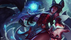  ahri animal_ears breasts fox_ears fox_tail kienan_lafferty league_of_legends long_hair looking_at_viewer multiple_tails solo tail 