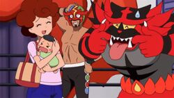  &gt;_&lt; 2boys animated animated anime_screenshot baby bag blush_stickers carrying child_carry closed_eyes colored_sclera commentary crying curly_hair english_commentary female handbag incineroar making_faces mask masked_royal multiple_boys pokemon pokemon_(anime) pokemon_(creature) pokemon_sm_(anime) spread_lips standing sweatdrop yellow_sclera 