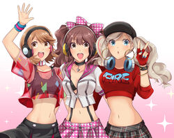  3girls :d :o alternate_costume arm_around_waist arm_up belt_collar blue_eyes bracelet breasts brown_eyes brown_hair cleavage clothes_writing collar commentary_request crop_top fingerless_gloves gloves haruna_(citrus_love_i) hat headphones headphones_around_neck heart highres jewelry kujikawa_rise looking_at_viewer medium_breasts midriff multiple_girls navel open_mouth pendant persona persona_3 persona_3:_dancing_moon_night persona_4 persona_4:_dancing_all_night persona_5 persona_5:_dancing_star_night persona_dancing red_gloves see-through shoulder-to-shoulder simple_background smile spiked_bracelet spikes sports_bra stomach suspenders takamaki_anne unmoving_pattern upper_body yukari_takeba 