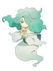  ayu_(mog) bad_id bad_pixiv_id bare_shoulders en&#039;enra enraenra_(youkai_watch) female ghost_tail green_eyes green_hair hair_over_one_eye japanese_clothes kimono long_hair looking_at_viewer off_shoulder own_hands_clasped own_hands_together simple_background solo traditional_youkai white_background youkai_(youkai_watch) youkai_watch youkai_watch_2 