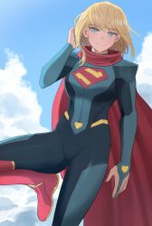  absurdres blonde_hair blue_sky bodysuit bridal_gauntlets cape cloud dc_comics emblem female floating highres jourd4n knee_up midair my_adventures_with_superman red_cape red_footwear short_hair_with_long_locks sky smile solo supergirl superman_(series) 