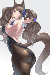  absurdres alternate_costume animal_ears ass black_pantyhose blue_eyes blush breasts brown_hair female grin hair_between_eyes hair_ornament highres horse_ears horse_girl horse_tail long_hair looking_at_viewer medium_breasts pantyhose playboy_bunny saikuu smile solo tail tosen_jordan_(umamusume) twintails umamusume v white_background 