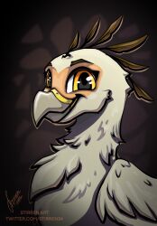  accipitriform avian beak bird feathered_wings feathers feral gryphon hi_res looking_at_viewer male mythological_avian mythological_creature mythology portrait secretary_bird simple_background smile solo stirren vistamage_(oc) wings 