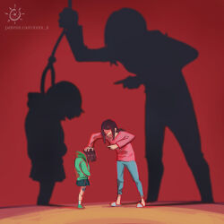  2girls black_skirt brown_hair commentary different_shadow english_commentary green_footwear green_sweater hand_on_another&#039;s_head lolicon looking_down mimi_n mother_and_daughter multiple_girls noose original pants pink_shirt pointing pointing_at_another ponytail red_background rope_around_neck shadow shirt simple_background skirt sweater 