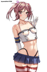  absurdres arm_behind_back black_panties blue_skirt blush breasts buttons cosplay crop_top double-breasted elbow_gloves female gloves hair_between_eyes hair_bobbles hair_ornament hand_up highleg highleg_panties highres hip_focus kantai_collection looking_at_viewer medium_hair microskirt midriff mizuki_(uzuki_no_sato) navel panties pink_eyes pink_hair pleated_skirt rabbit_hair_ornament sazanami_(kancolle) shimakaze_(kancolle) shimakaze_(kancolle)_(cosplay) shirt short_hair skindentation skirt small_breasts smile solo striped_clothes striped_thighhighs thighhighs thighs underwear white_gloves white_shirt 