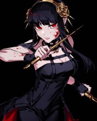  bare_shoulders black_background black_dress black_gloves black_hair blood blood_in_hair blood_on_arm blood_on_face dagger dress dual_wielding earrings female fingerless_gloves flower gloves gold_earrings gold_hairband hair_flower hair_ornament hairband highres holding holding_dagger holding_knife holding_weapon jewelry knife lipstick long_hair looking_at_viewer makeup multicolored_clothes multicolored_dress open_mouth par0llel red_eyes red_lips simple_background solo spy_x_family stiletto_(weapon) teeth twitter_username two-sided_dress two-sided_fabric two-tone_dress weapon yor_briar 