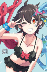  alternate_costume alternate_ears asymmetrical_wings bikini black_bikini black_hair blue_background blue_nails blue_wings blush bow breasts cleavage commentary_request cowboy_shot female fingernails frilled_bikini frills grin hair_between_eyes highres houjuu_nue jack_(wkm74959) leaning_forward looking_at_viewer medium_bangs navel one-hour_drawing_challenge one_eye_closed red_bow red_eyes red_wings short_hair simple_background small_breasts smile solo star_sticker sticker_on_face swimsuit touhou ufo v_over_eye wings 