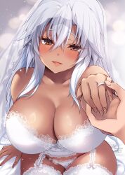  1boy absurdres bra breasts bridal_veil brown_eyes cleavage collarbone commentary_request dark-skinned_female dark_skin dated female garter_belt hair_between_eyes highres jewelry kantai_collection large_breasts lingerie long_hair looking_at_viewer mashiro_yukiya musashi_(kancolle) musashi_kai_ni_(kancolle) open_mouth panties pov ring smile thighhighs underwear underwear_only veil wedding_ring white_bra white_hair white_panties white_thighhighs 