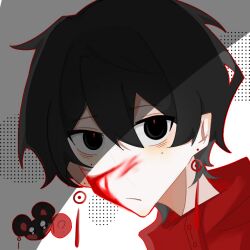  1boy :/ ? animalization black_hair blood blood_on_face chinese_commentary closed_mouth commentary_request earrings hair_between_eyes high_collar jacket jewelry ke_tihuan_kouzhao li_yuting_(male) looking_at_viewer male_focus mole mole_under_each_eye mole_under_eye mouse_(animal) multiple_moles portrait red_jacket sanpaku short_hair touqi_guaitan 