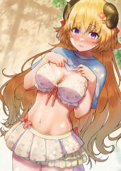  absurdres ahoge animal_ears bikini bikini_skirt bikini_under_clothes blonde_hair blue_shirt blush breasts cleavage cliff closed_mouth clothes_lift commentary cowboy_shot cruzango0510 embarrassed female frilled_bikini frilled_skirt frills front-tie_bikini_top front-tie_top hair_ornament hairclip highres hololive hololive_summer_2022_swimsuit horns large_breasts long_hair looking_at_viewer miniskirt navel nervous_sweating official_alternate_costume outdoors print_bikini purple_eyes sheep_ears sheep_girl sheep_horns shirt shirt_lift short_sleeves skirt solo stomach sweat sweatdrop swimsuit t-shirt tsunomaki_watame very_long_hair virtual_youtuber wavy_mouth white_bikini white_skirt 