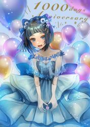  :d alternate_costume animal_ears anniversary arched_bangs asatsuyu balloon bare_shoulders black_hair blue_background blue_dress blue_eyes blue_hair blurry blurry_background blush bob_cut breasts cleavage collarbone colored_inner_hair commentary_request commission cowboy_shot dress extra_ears female floral_print_dress flower flower_request frilled_dress frills gems_company gloves hair_flower hair_ornament head_tilt heart heart_hands heart_in_heart_hands highres light_particles looking_at_viewer medium_breasts mizushina_aoi multicolored_hair open_mouth raised_eyebrows see-through see-through_shawl shawl short_hair sidelocks skeb_commission smile solo star_(symbol) strapless strapless_dress thick_eyelashes virtual_youtuber white_flower white_gloves 