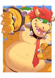  2024 absurd_res anthro armband belly bennycartoonist big_belly blue_background border bowser bracelet claws collar digit_ring eyebrows gem hair hi_res holding_jewelry holding_object holding_ring horn jewelry koopa lens_flare looking_at_viewer male mario_bros moobs necktie nintendo nude offering_to_viewer open_mouth open_smile overweight overweight_anthro overweight_male ring ring_(jewelry) scalie shell signature simple_background smile solo spiked_armband spiked_bracelet spiked_collar spiked_shell spikes spikes_(anatomy) standing teeth tongue wedding_ring white_border 