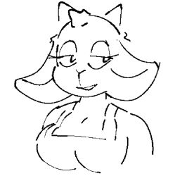  2024 2_horns aliasing anthro black_and_white black_line_art bovid breasts bust_portrait caprine cleavage clothed clothing digital_media_(artwork) eyelashes female goat half-closed_eyes horn ilovevibri mammal medium_breasts monochrome nan_(nq) nan_quest narrowed_eyes open_mouth open_smile overalls_only portrait simple_background smile solo three-quarter_view white_background 