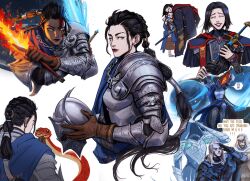  5girls ^_^ angry armor artist_name bent_over black_hair black_knife_tiche blood blood_from_mouth blood_on_face blue_eyes blue_robe blue_surcoat braid braided_ponytail brown_gloves closed_eyes commentary dual_wielding elden_ring elden_ring:_shadow_of_the_erdtree english_commentary english_text eyebrow_cut flaming_sword flaming_weapon full_armor furious gloves glowing glowing_eyes glowing_sword glowing_weapon grace_kim_(ryuuna) grin helmet highres holding holding_helmet holding_sword holding_weapon hug long_hair looking_at_another looking_at_viewer makeup mole mole_under_eye multiple_girls multiple_views needle_knight_leda red_lips red_snake rellana_twin_moon_knight rennala_queen_of_the_full_moon robe salute serious short_hair shouting siblings sideways_glance simple_background sisters smile snake speech_bubble sword tarnished_(elden_ring) tearing_up tears weapon white_background white_hair 