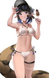  absurdres adjusting_eyewear arknights arm_up bandaid bandaid_on_thigh bikini black_hair breasts brown_tail chewing cleavage closed_mouth commentary cowboy_shot eating eunectes_(arknights) eyewear_on_head female fingernails food food_on_face gradient_hair groin hand_up highres holding holding_food jewelry looking_at_viewer medium_breasts multicolored_hair nail_polish navel necklace pointy_ears purple_eyes purple_hair purple_nails side-tie_bikini_bottom simple_background solo standing streaked_hair swimsuit tail tan tanlines tenmu_miyabi white_background white_bikini 