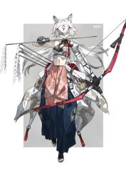  animal_ear_fluff animal_ears arrow_(projectile) bow_(weapon) breasts female gloves grey_background hakama highres holding holding_arrow holding_bow_(weapon) holding_weapon japanese_clothes long_hair mask medium_breasts midriff neco original partially_fingerless_gloves quiver single_sleeve solo toeless_footwear two-tone_background very_long_hair weapon white_background white_hair wolf_ears 