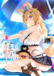  4girls absurdres ahoge alternate_costume animal_ear_fluff animal_ears animal_on_head beach_umbrella belt bikini bikini_skirt bikini_under_clothes black_bikini black_hair black_skirt blonde_hair blue_bow blue_hair blue_nails blue_sky blurry blurry_foreground blush bow breasts brown_footwear closed_eyes closed_mouth cloud cloudy_sky club_hair_ornament crop_top depth_of_field diamond_hair_ornament elf facial_tattoo fox_ears fox_girl fox_tail from_side full_body grey_hair hair_ornament hairbow heart heart_ahoge heart_hair_ornament highres hololive kou_mashiro lens_flare light_blue_hair long_hair looking_at_viewer medium_breasts miniskirt momosuzu_nene multicolored_nails multiple_girls nail_polish nekko_(momosuzu_nene) nepolabo omaru_polka on_head open_mouth outdoors pink_hair pleated_skirt pointy_ears purple_eyes purple_nails purple_wristband sandals shishiro_botan shouting sitting skirt sky smile solo_focus spade_hair_ornament ssrb_(shishiro_botan) sunlight sweat swimsuit tail tattoo umbrella virtual_youtuber wariza waving white_belt white_bikini wristband yukihana_lamy yukimin_(yukihana_lamy) zain_(omaru_polka) 