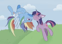  absurd_res blue_body blush closed_eyes cloud duo equid equine female female/female friendship_is_magic grass grey_sky hasbro hi_res horse mammal my_little_pony mythological_creature mythological_equine mythology pegasus plant pony rainbow_dash_(mlp) sky tkshoelace twilight_sparkle_(mlp) wings 