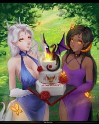  animal_humanoid arthropod big_breasts birthday_cake black_hair blue_clothing blue_dress breasts butterfly cake candle clothed clothing dessert digital_media_(artwork) dradon dragon dragon_humanoid dress duo eurasian_red_squirrel female feral food grass hair hi_res horn humanoid insects lady_nora_(twokinds) lepidopteran looking_at_viewer madam_reni_(twokinds) mammal mrs._nibbly mythological_creature mythological_scalie mythology narikusha plant purple_clothing purple_dress rodent scalie sciurid tail tree_squirrel twokinds white_hair white_horn yellow_eyes yellow_horn 