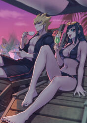  3boys barefoot beach bikini black_bikini black_hair black_jacket black_sclera black_shorts blonde_hair blue_eyes breasts carly_nagisa colored_sclera cup eyewear_on_head feet female holding holding_cup hood hooded_jacket izapara jack_atlas jacket knee_up large_breasts legs long_hair male_swimwear medium_hair multiple_boys nail_polish purple_eyes shorts swim_trunks swimsuit toenail_polish toenails toes yu-gi-oh! yu-gi-oh!_5d&#039;s 