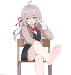  ahoge alisa_mikhailovna_kujou bare_legs barefoot black_skirt black_vest blue_eyes blush bow bowtie breasts buttons chair collared_shirt commentary_request crossed_bangs crossed_legs feet female foot_out_of_frame grey_hair grey_jacket hair_between_eyes hair_ribbon hand_up highres jacket legs long_hair long_sleeves looking_at_viewer miaopa2s miniskirt open_clothes open_jacket open_mouth playing_with_own_hair pleated_skirt red_bow red_bowtie red_ribbon ribbon school_chair school_uniform seiren_academy_school_uniform shirt simple_background sitting skirt small_sweatdrop soles solo toes tokidoki_bosotto_roshia-go_de_dereru_tonari_no_alya-san vest white_background white_shirt 