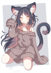  animal_ear_fluff animal_ears bare_shoulders black_hair brown_eyes brown_hair brown_sweater cat_ears cat_girl cat_tail collarbone commentary_request daidai_ookami female fork grey_background hair_in_own_mouth highres long_hair long_sleeves multicolored_hair off-shoulder_sweater off_shoulder original plate puffy_long_sleeves puffy_sleeves ribbed_sweater sleeves_past_fingers sleeves_past_wrists solo sweater tail two-tone_background two-tone_hair very_long_hair white_background 