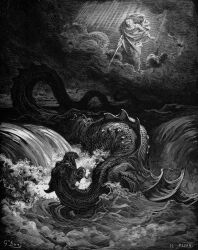  1865 19th_century absurd_res ambiguous_gender ancient_art aquatic_dragon back_spikes beard bible black_and_white clothed clothing cloud dragon duo facial_hair feral fighting_pose fingers fully_clothed god_(christianity) gustave_dore hair hatching_(art) hi_res holding_melee_weapon holding_object holding_sword holding_weapon human jewish_mythology leviathan long_neck long_tail long_tongue male mammal marine mature_male melee_weapon monochrome mythological_creature mythological_marine mythological_scalie mythology open_mouth outside pose public_domain robe scales scalie sea shaded signature snout spiked_tail spikes spikes_(anatomy) sword tail tongue tongue_out traditional_media_(artwork) water weapon 