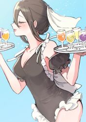  back_bow black_hair black_one-piece_swimsuit blush bow breasts cleavage closed_eyes collarbone cowboy_shot cup detached_sleeves drinking_glass female frilled_one-piece_swimsuit frills from_side highres holding holding_tray hurricane_glass kimi_no_koto_ga_dai_dai_dai_dai_daisuki_na_100-nin_no_kanojo maid_headdress medium_breasts one-piece_swimsuit open_mouth oyomidtarumi puffy_detached_sleeves puffy_sleeves solo swimsuit tray 