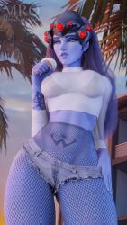  1girls 3d 3d_(artwork) blizzard_entertainment breasts female female_focus female_only fishnets helmet hi_res high_resolution highres hotpants ice_cream large_breasts moonroomoom overwatch palm_tree purple_hair purple_skin short_shorts simple_background solo solo_female solo_focus widowmaker 