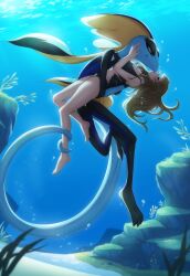  absurd_res anthro bikini blue_body blue_scales brown_hair bubble clothed clothing detailed_background donutella duo eye_contact female female_human female_on_anthro fin generation_8_pokemon hair head_fin hi_res human inteleon interspecies interspecies_romance jasmin_(donutella) kissing long_tail looking_at_another male male/female male_anthro male_on_human mammal nintendo pokemon pokemon_(species) pokephilia rene_(donutella) romantic romantic_couple scales scalie skinny smile swimwear tail two-piece_swimsuit underwater water 