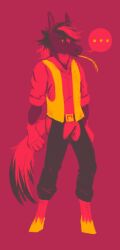  2019 anthro barefoot belt bottomwear chaps clothed clothing digital_media_(artwork) ellipsis equid equine feet full-length_portrait fully_clothed hay_in_mouth hi_res hooves horse jaspering lineless male male_anthro mammal mane multicolored_mane pants portrait red_theme restricted_palette shirt simple_background solo speech_bubble standing tail topwear two_tone_mane two_tone_tail unguligrade vest 