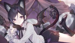  all_male animal_ears anthro bow catboy cosplay gloves halloween headband kneehighs male purple_eyes purple_hair ribbons shirt short_hair shorts tail touken_ranbu wings yagen_toushirou yamiko 