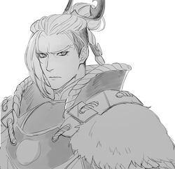  1boy armor asymmetrical_hair chinese_armor drenbof greyscale hair_ornament male_focus mole mole_under_eye monochrome ponytail sidecut thunderbolt_fantasy undercut wan_jun_po 