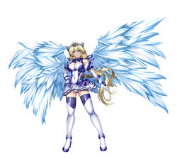  angel_wings blonde_hair blue_ribbon blue_socks boots detached_sleeves dress exs-tia_spica female frilled_skirt frills full_body gem genderswap_(mtf) gloves green_gemstone highres katsuragi_souma kouyoku_senki_exs-tia kozu_rokuta leotard long_hair low_twintails magical_girl pleated_skirt ribbon rule_63 simple_background skirt socks thighhighs twintails white_background white_footwear white_gloves white_skirt wings 