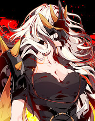  aer007580 bad_id bad_pixiv_id black_shirt breasts cleavage female fire genderswap_(mtf) highres honkai_(series) honkai_impact_3rd kalpas_(honkai_impact) large_breasts long_hair looking_to_the_side mask o-ring rule_63 shirt short_sleeves solo spikes upper_body white_hair 